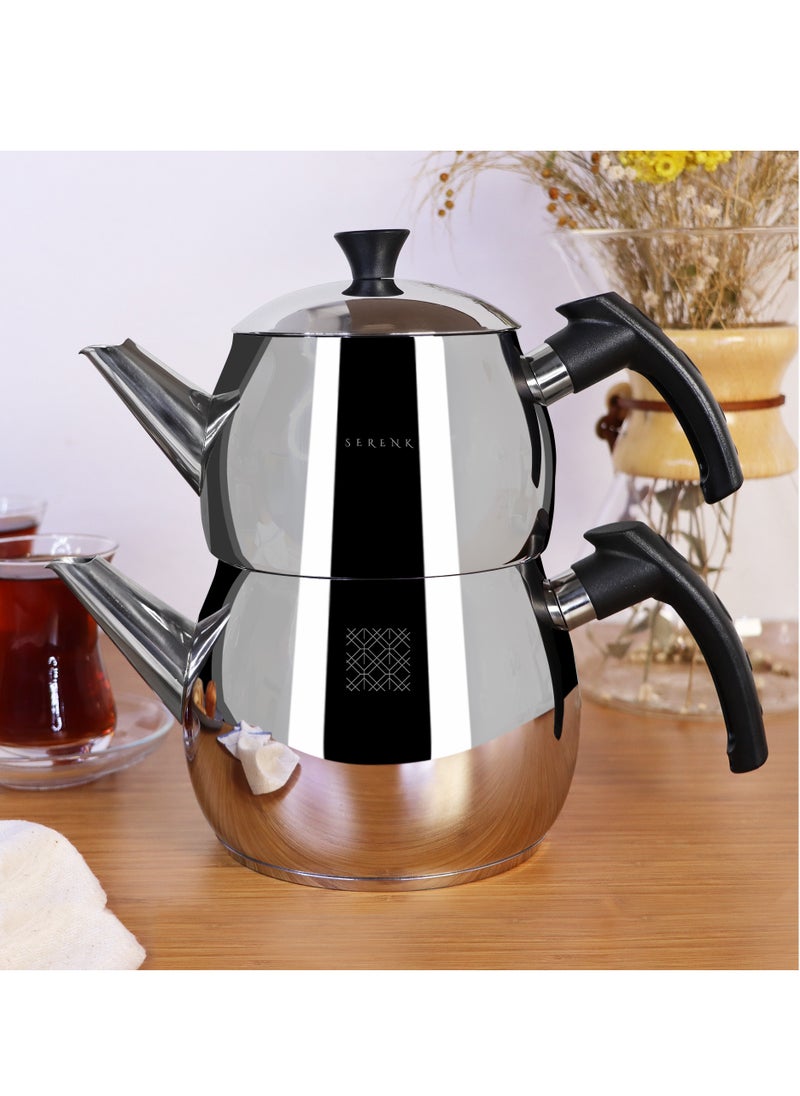 Serenk - Traditional Stainless Steel Turkish Tea Pot,1L Upper 1.5L Lower Double Tea Pots, Stove Top Turkish Tea Kettle, Rapid Boil Turkish Teapot with Insulation Base, Kettle and Tea Pot Set, Serenk Modernist Series - Image 1