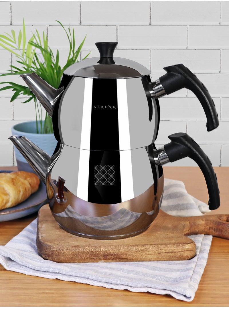 Serenk - Traditional Stainless Steel Turkish Tea Pot,1L Upper 1.5L Lower Double Tea Pots, Stove Top Turkish Tea Kettle, Rapid Boil Turkish Teapot with Insulation Base, Kettle and Tea Pot Set, Serenk Modernist Series - Image 1