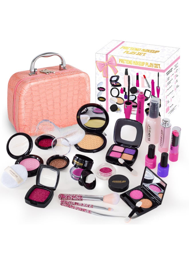 Children's Princess Makeup Toy Set Girls Simulation Dress Up Cosmetic Handbag Purse Kit Fashionable Compact Mirror Included-Color:ST105-1 High-grade Pink Leather Bag Set Of 21 + Bronzing Gift Box  - Image 1