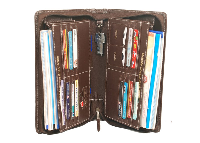 Sukeshcraft Cheque Book Holder for 8 Cheque Books | Multi-Pocket Rexine Organizer I Locker Key Holder | Handy 6.25 × 10.80 × 1.80 inch. Size – Coffee Brown - Image 4