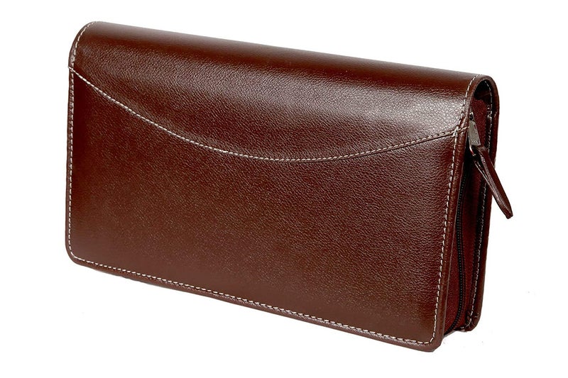 Sukeshcraft Cheque Book Holder for 8 Cheque Books | Multi-Pocket Rexine Organizer I Locker Key Holder | Handy 6.25 × 10.80 × 1.80 inch. Size – Coffee Brown - Image 1