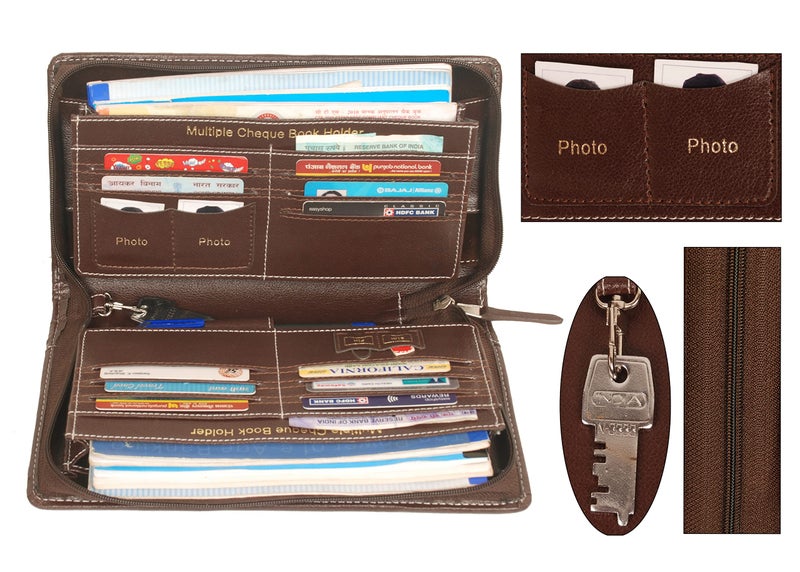 Sukeshcraft Cheque Book Holder for 8 Cheque Books | Multi-Pocket Rexine Organizer I Locker Key Holder | Handy 6.25 × 10.80 × 1.80 inch. Size – Coffee Brown - Image 3