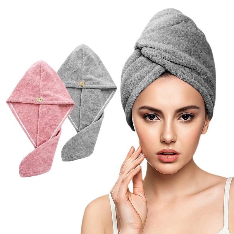 Fezora Hair Towel Wrap for Women (Pack of 2) | Quick-Dry Microfiber Hair Turban with Elastic Loop | Super Absorbent Hair Drying Towel for Ladies & Girls (Grey & Orange) - Image 1