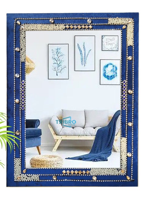 Rectangle Shape New Look Handmade Wall Mirror with Blue White and Golden Colour Size 45.7 x 61cm x 10mm