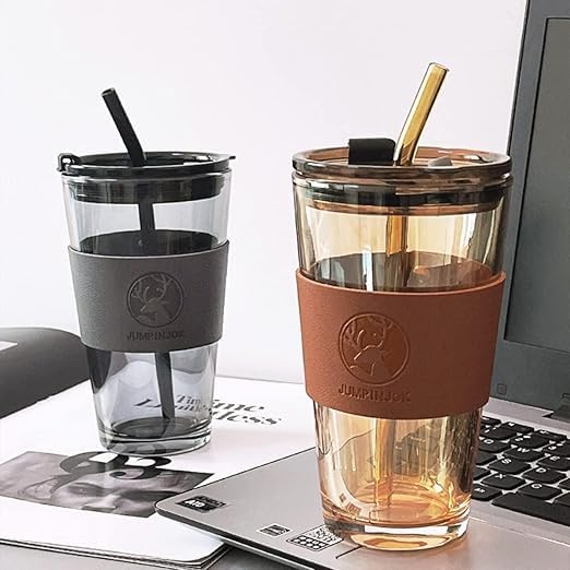 BKQPTL Reusable Glass Coffee Sipper Mugs with Lid Straw 400ml Multipurpose Drinking Glasses Tumbler with Leather Sleeve Cup for Juice Smoothies Iced Tea Cold Hot Drink Cups BrownBlack 2 - Image 2