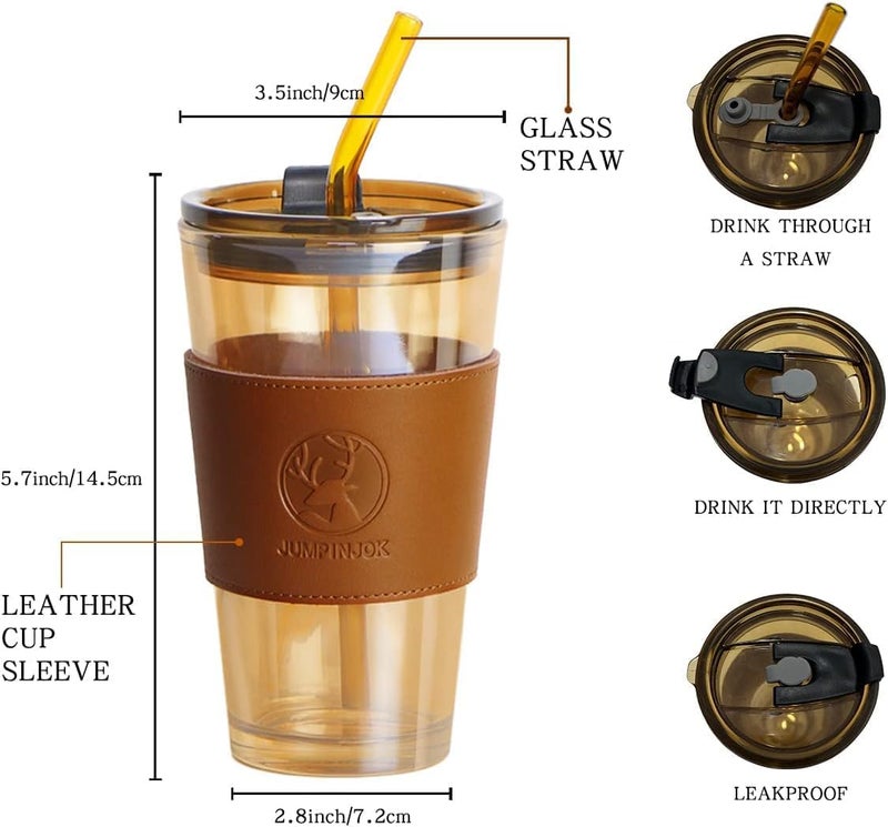 BKQPTL Reusable Glass Coffee Sipper Mugs with Lid Straw 400ml Multipurpose Drinking Glasses Tumbler with Leather Sleeve Cup for Juice Smoothies Iced Tea Cold Hot Drink Cups BrownBlack 2 - Image 5