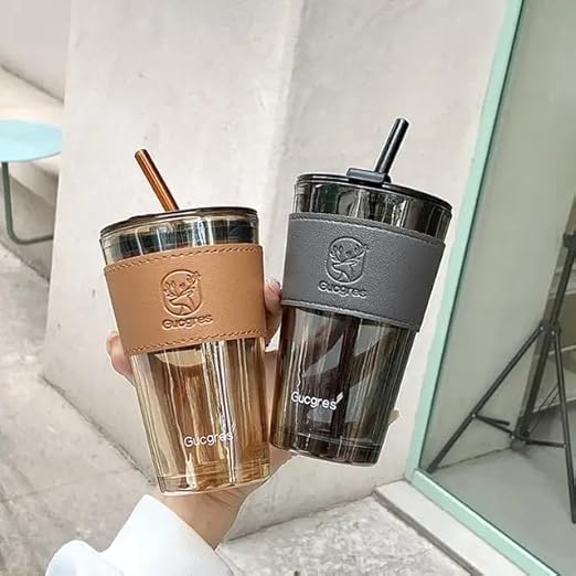BKQPTL Reusable Glass Coffee Sipper Mugs with Lid Straw 400ml Multipurpose Drinking Glasses Tumbler with Leather Sleeve Cup for Juice Smoothies Iced Tea Cold Hot Drink Cups BrownBlack 2 - Image 1