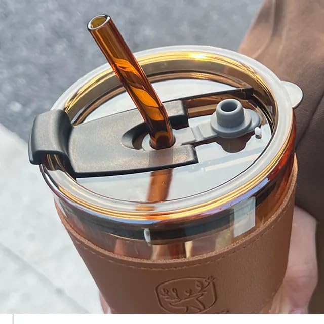 BKQPTL Reusable Glass Coffee Sipper Mugs with Lid Straw 400ml Multipurpose Drinking Glasses Tumbler with Leather Sleeve Cup for Juice Smoothies Iced Tea Cold Hot Drink Cups BrownBlack 2 - Image 3