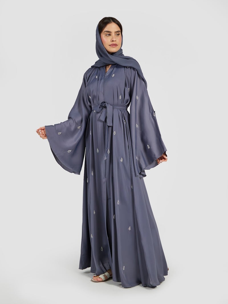 Reem Abayas Slate Blue Embroidered Abaya with Flare Sleeves - Image 1
