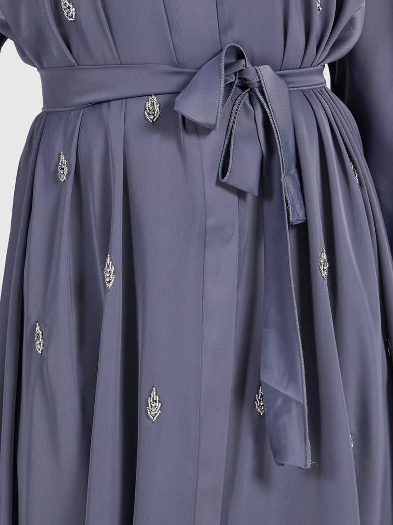 Reem Abayas Slate Blue Embroidered Abaya with Flare Sleeves - Image 3