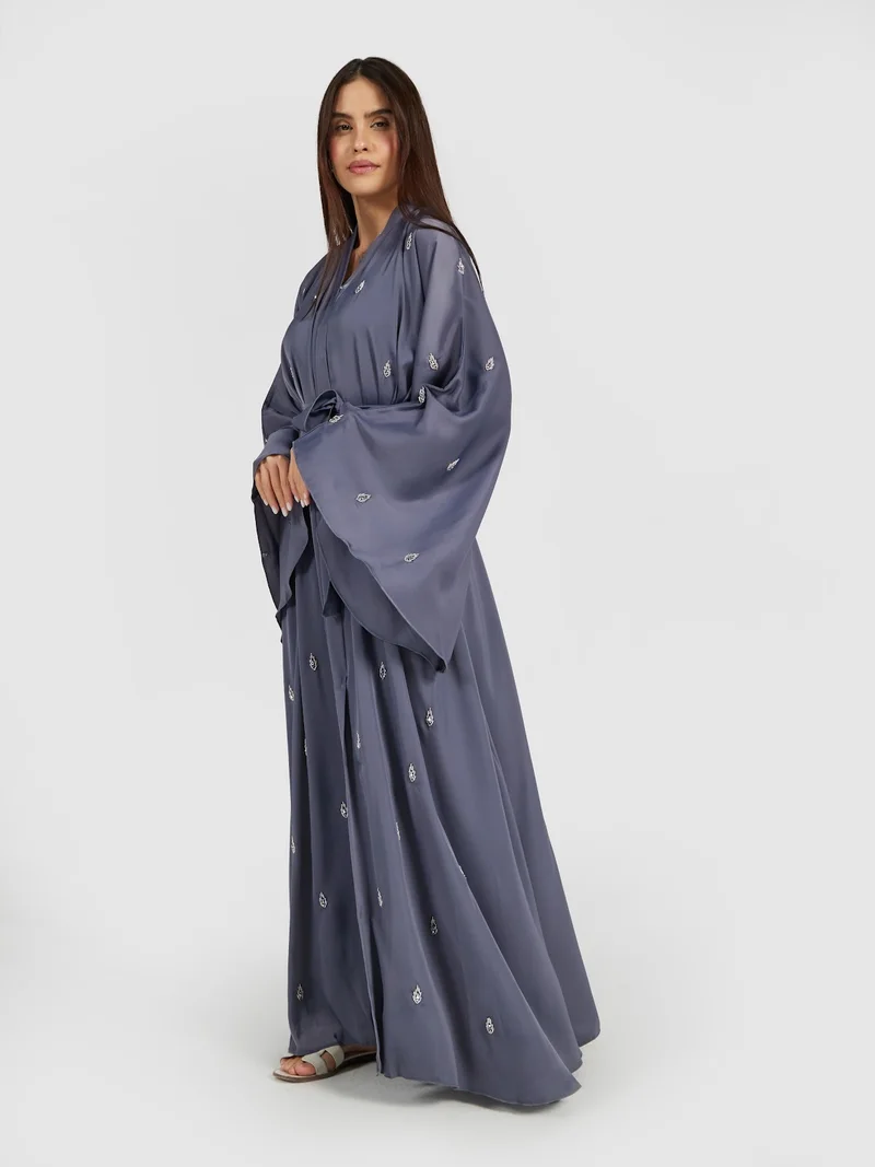 Reem Abayas Slate Blue Embroidered Abaya with Flare Sleeves