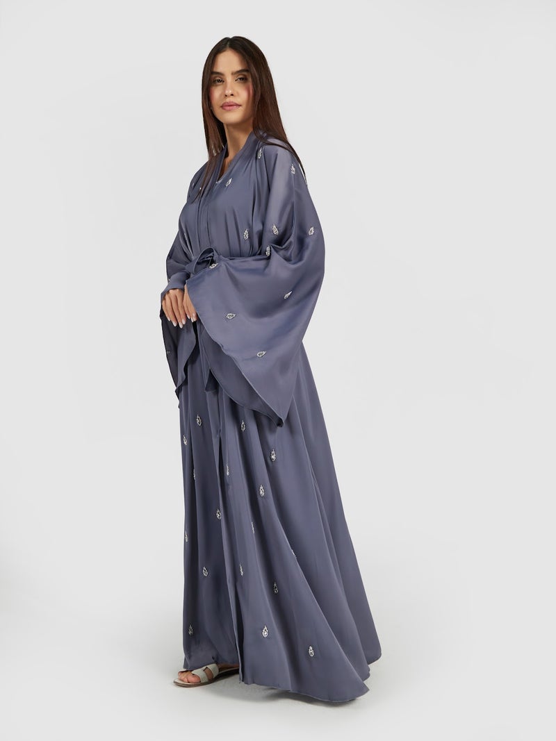 Reem Abayas Slate Blue Embroidered Abaya with Flare Sleeves - Image 2