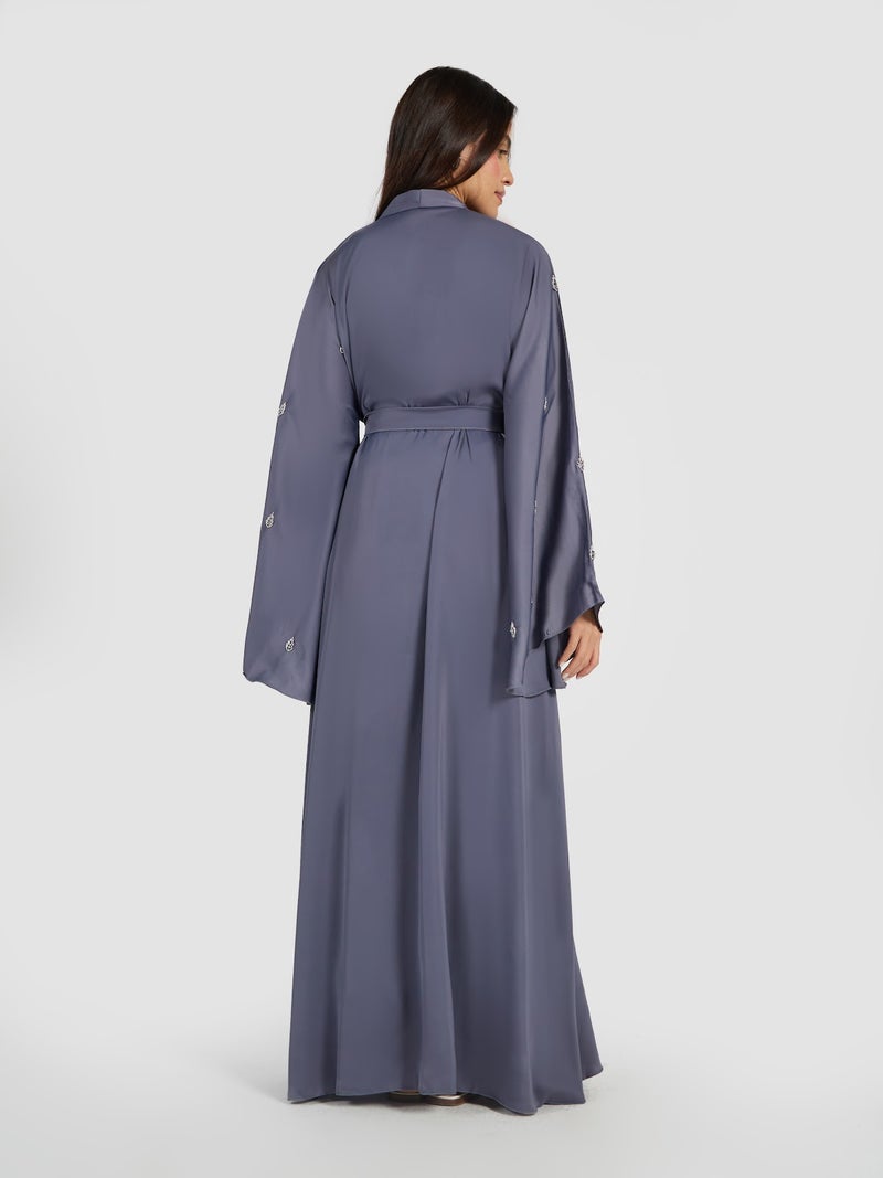 Reem Abayas Slate Blue Embroidered Abaya with Flare Sleeves - Image 4