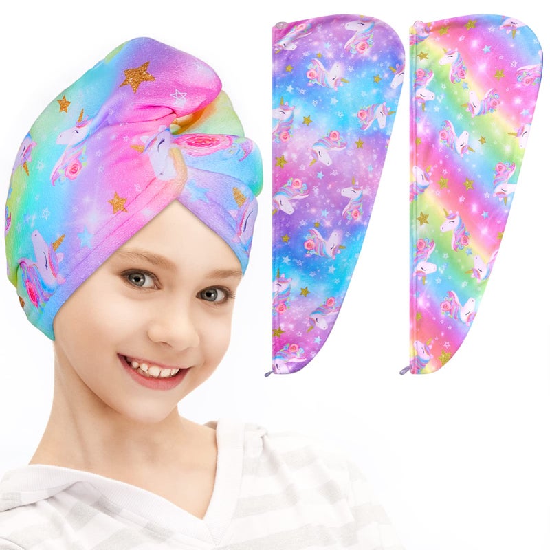 Fiobee Microfiber Hair Towel Wrap For Kid Rapid Drying Towel Absorbent Hair Turbans For Wet Hair With Button Women Girls Long Curly Hair Pack Of 2  Rainbow - Image 1
