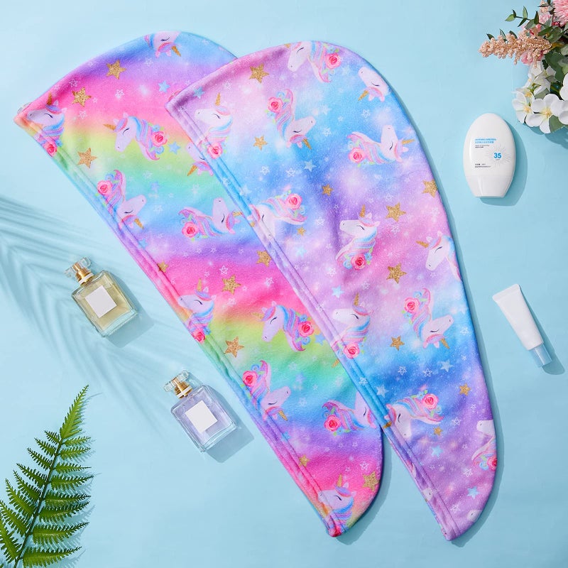 Fiobee Microfiber Hair Towel Wrap For Kid Rapid Drying Towel Absorbent Hair Turbans For Wet Hair With Button Women Girls Long Curly Hair Pack Of 2  Rainbow - Image 3