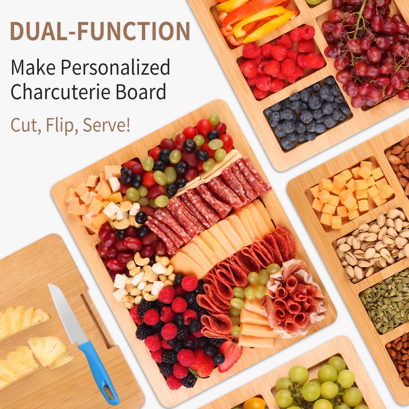 CAWIU Charcuterie Board with Lid and Handle - Portable Travel Design Bamboo Cheese Board Set with 4 Cheese Tools, Gift for Housewarming, Weddings, Picnics(6 Compartments, White) - Image 4