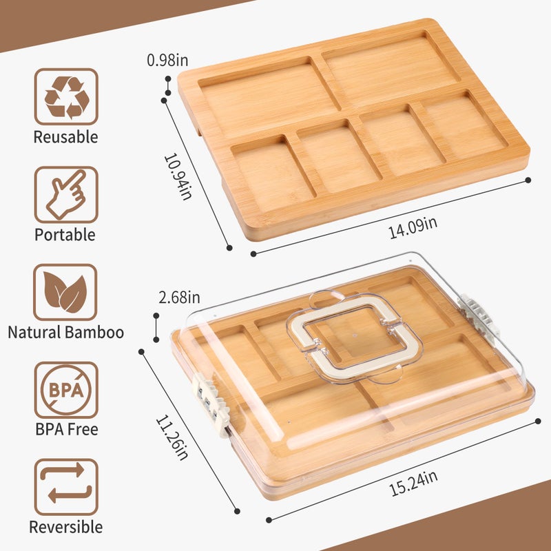 CAWIU Charcuterie Board with Lid and Handle - Portable Travel Design Bamboo Cheese Board Set with 4 Cheese Tools, Gift for Housewarming, Weddings, Picnics(6 Compartments, White) - Image 5