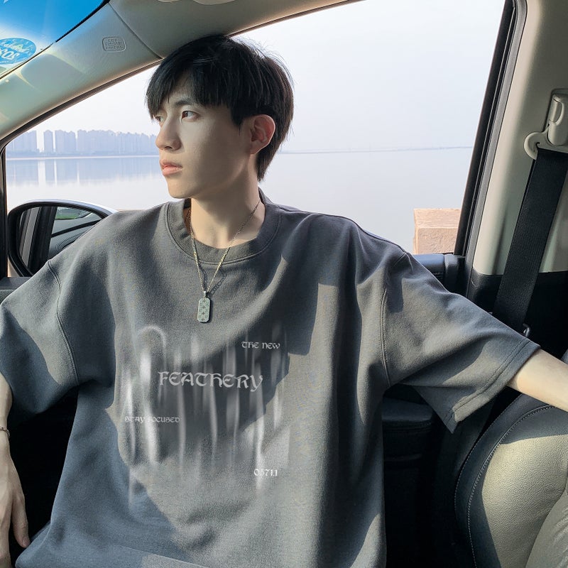 Mu Si Grey Heavy Short-Sleeved T-Shirt For Boys Summer Fashionable Oversize Japanese Plus Size Half-Sleeved - Image 1