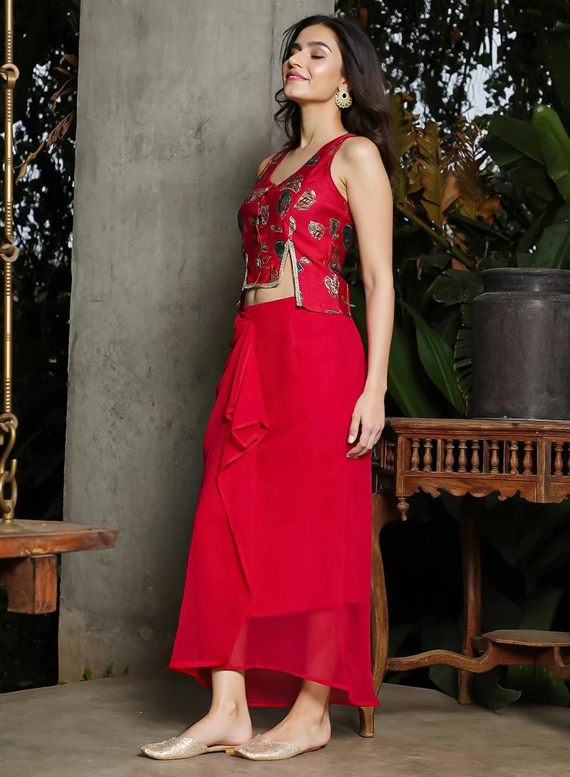  قصة Women's Crimson Red Ethereal Blossom Co-Ord Set