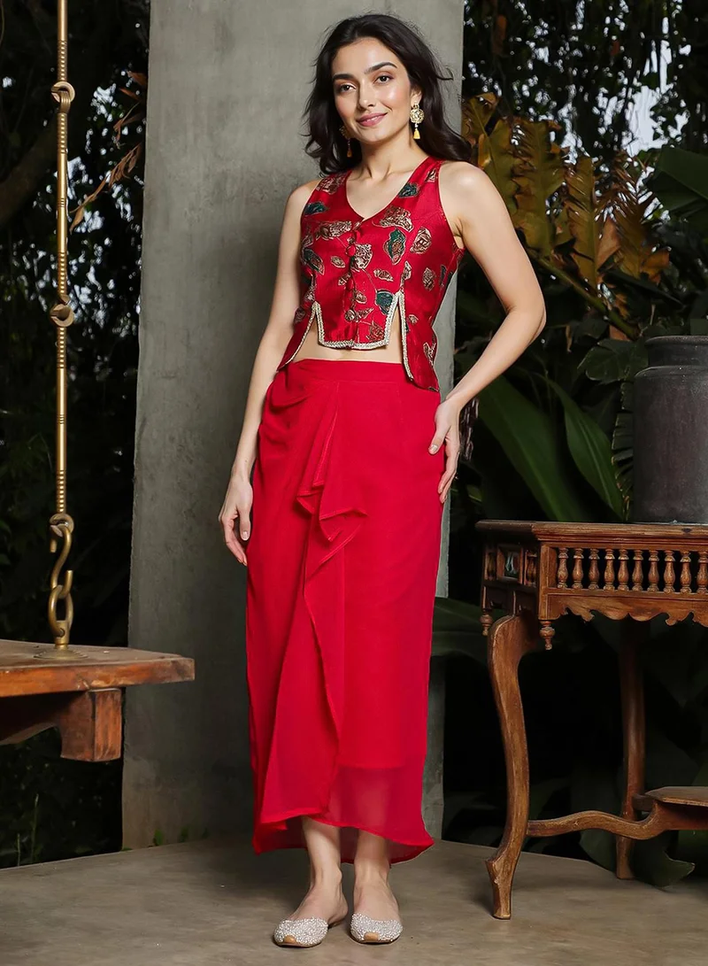  قصة Women's Crimson Red Ethereal Blossom Co-Ord Set