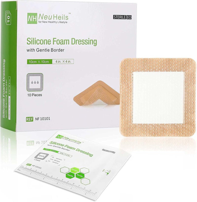 NeuHeils Silicone Adhesive Foam Dressing with Gentle Border 4x4 for Bed Sore Leg Ulcer 10 Pack High Absorbency Waterproof Silicone Wound Bandage - Image 1