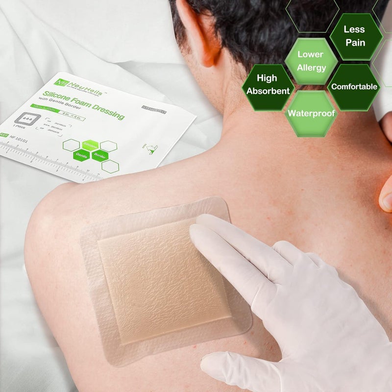 NeuHeils Silicone Adhesive Foam Dressing with Gentle Border 4x4 for Bed Sore Leg Ulcer 10 Pack High Absorbency Waterproof Silicone Wound Bandage - Image 4