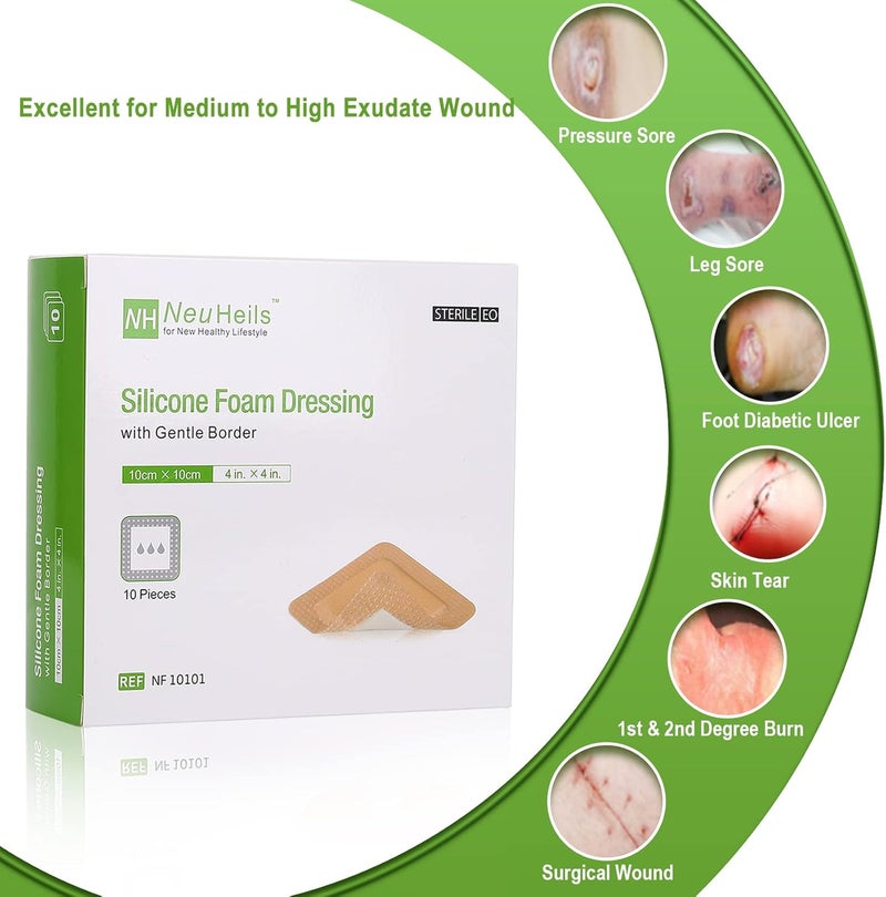 NeuHeils Silicone Adhesive Foam Dressing with Gentle Border 4x4 for Bed Sore Leg Ulcer 10 Pack High Absorbency Waterproof Silicone Wound Bandage - Image 2