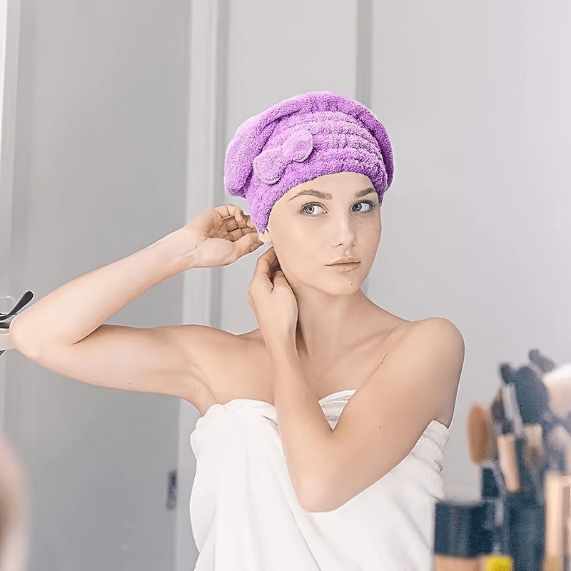 High Density Coral Fleece Shower Cap Super Absorbent Quick Drying Purple - Image 1