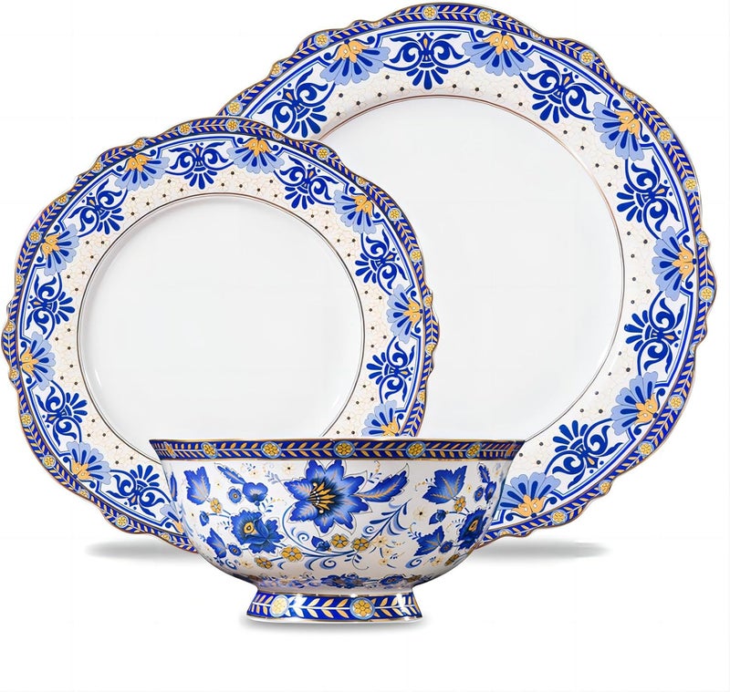 ACMLIFE 12Piece Bone China Dinnerware Set Blue and White Vintage Floral Dinnerware Set Service for 4 Lightweight Plates and Bowls Set with Gift Box - Image 1