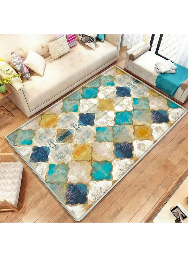 Moroccan Style Area Rug, Geometric Tile Pattern in Turquoise Teal Navy Blue, Distressed Vintage Look - Image 1