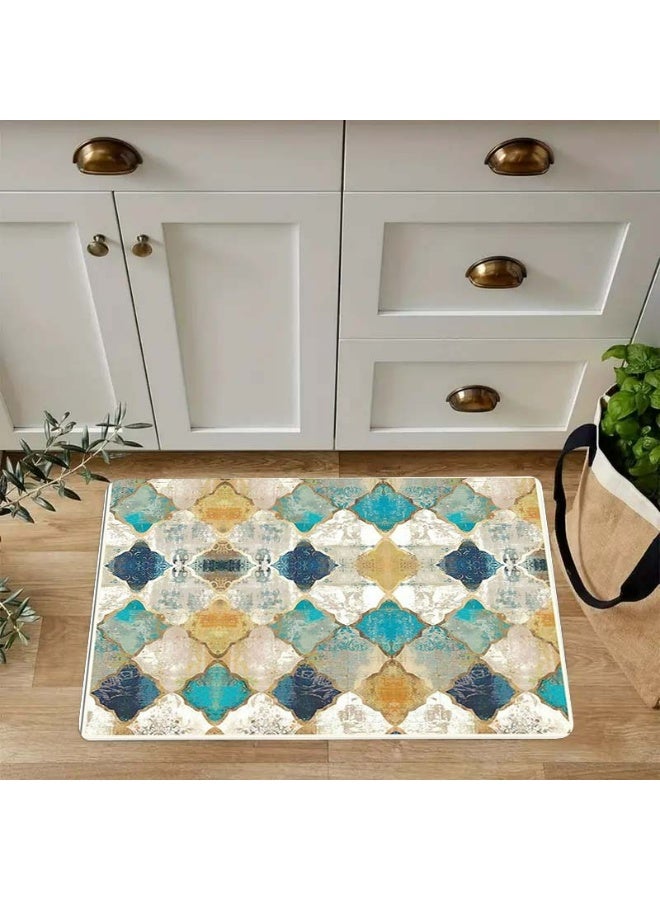 Moroccan Style Area Rug, Geometric Tile Pattern in Turquoise Teal Navy Blue, Distressed Vintage Look - Image 3