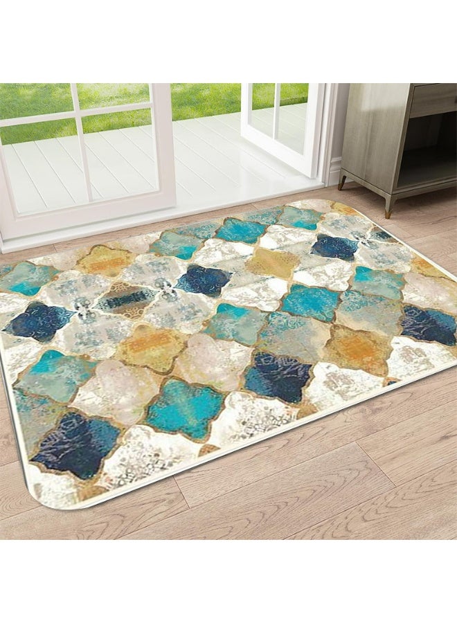 Moroccan Style Area Rug, Geometric Tile Pattern in Turquoise Teal Navy Blue, Distressed Vintage Look - Image 2