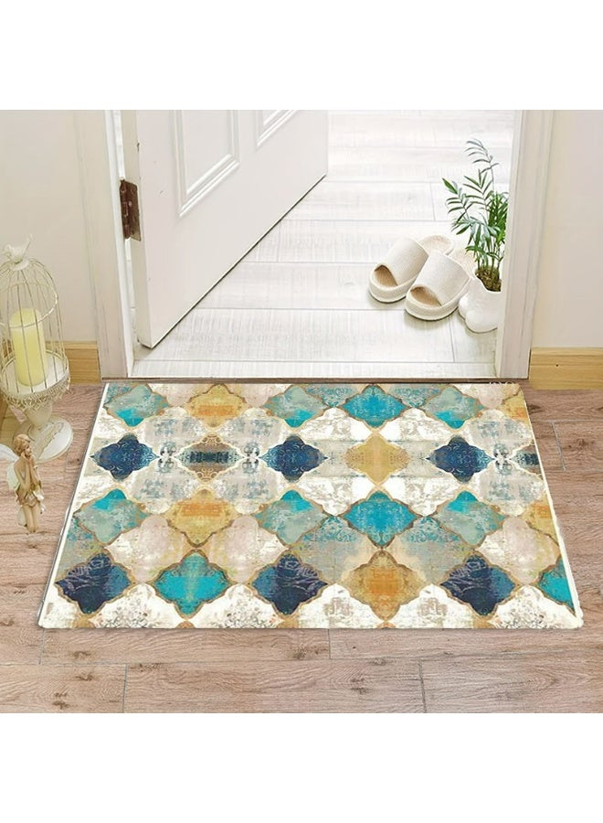 Moroccan Style Area Rug, Geometric Tile Pattern in Turquoise Teal Navy Blue, Distressed Vintage Look - Image 5