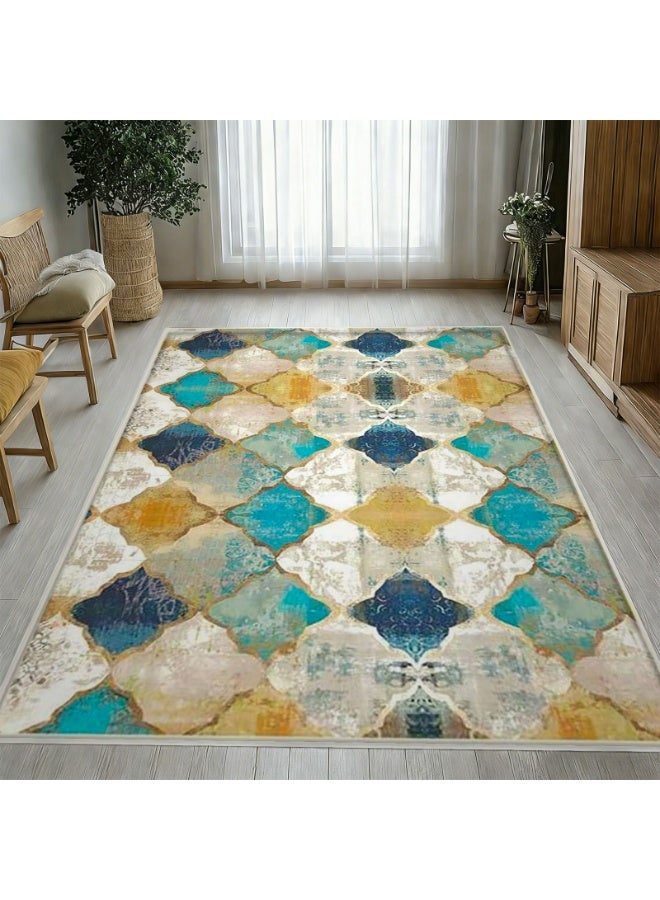 Moroccan Style Area Rug, Geometric Tile Pattern in Turquoise Teal Navy Blue, Distressed Vintage Look - Image 4