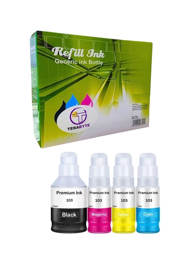 Terabyte 103 Ink Compatible with Epson 103 C13T00S64A Ink Cartridges Bottle Multipack for L1200 L1210 L1250 L3100 L3110 L3111 L3116 L3150 L3151 (4 Pack, BK/C/M/Y) - Image 1