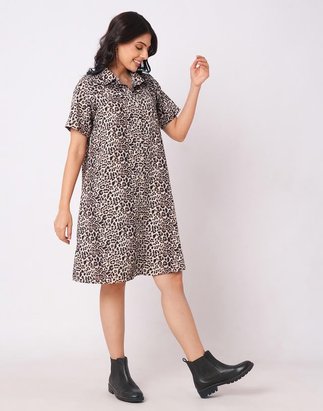 SIRIL Women Knee-Length Western Dress | Crepe Printed One Piece Dress (737DTK8004-XS_Black & Beige) - Image 4