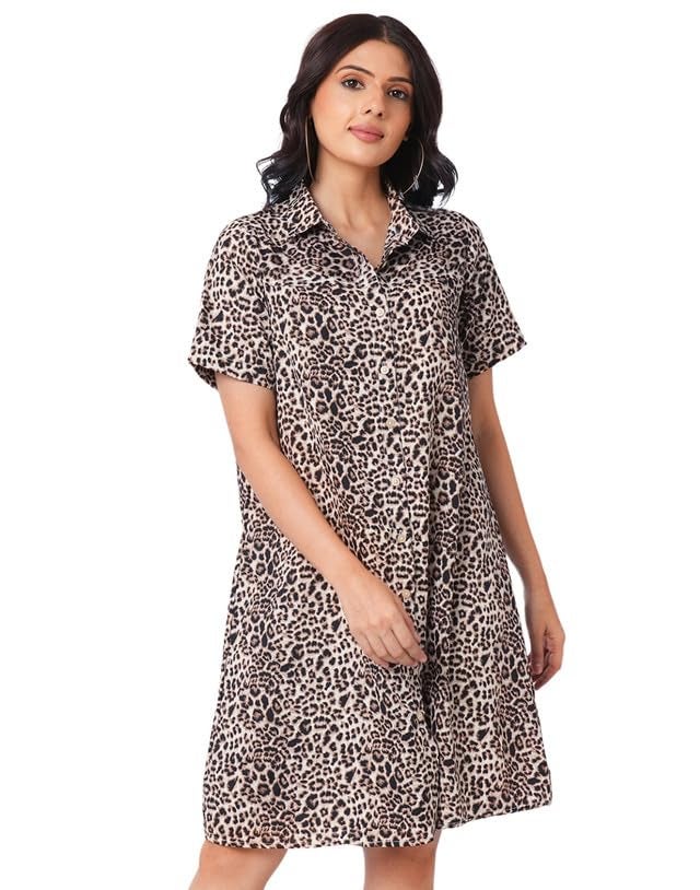 SIRIL Women Knee-Length Western Dress | Crepe Printed One Piece Dress (737DTK8004-XS_Black & Beige) - Image 1