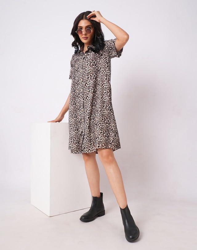 SIRIL Women Knee-Length Western Dress | Crepe Printed One Piece Dress (737DTK8004-XS_Black & Beige) - Image 5