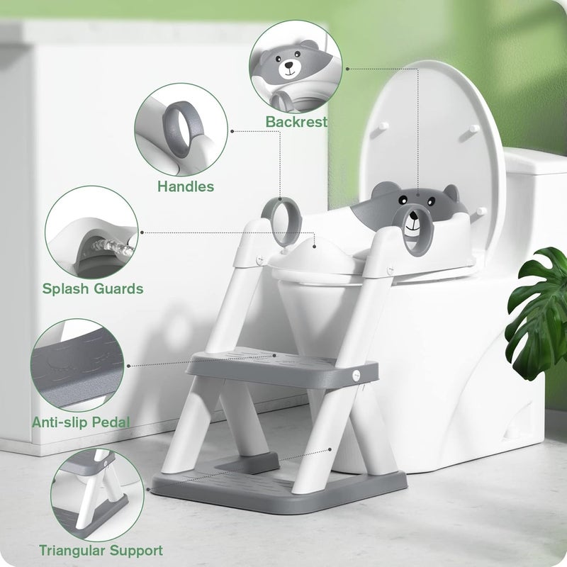 Y&D Potty Training Seat with Step Stool Ladder, Kids Toilet Training Seat Foldable Portable, Potty Training Toilet with Anti-Slip Pads and Adjustable Height Ladder Guard Handle (Grey) - Image 2