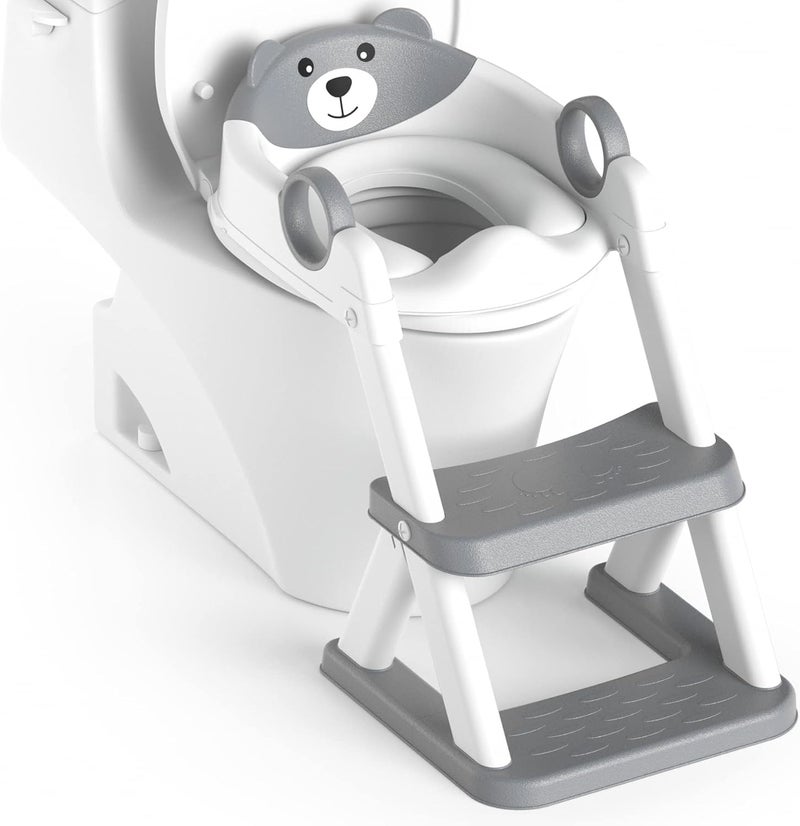 Y&D Potty Training Seat with Step Stool Ladder, Kids Toilet Training Seat Foldable Portable, Potty Training Toilet with Anti-Slip Pads and Adjustable Height Ladder Guard Handle (Grey) - Image 1