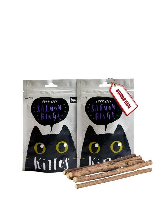 تريكسي مجموعة قطط مكونة من 2 من مكافآت القطط من Kittos، حلقات السلمون لقطتك و1 من أعواد المضغ من Matatabi لدعم صحة أسنانها - Image 1