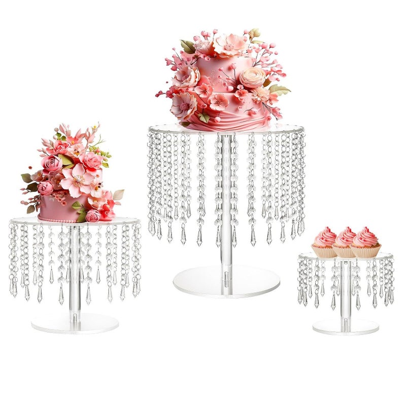 LoveCat Acrylic Wedding Cake Stand Set  3 Pcs Clear Round Cupcake Stands Dessert Display with Crystal Bling Pendants for Wedding Event Birthday Party Baby Shower Tabletop Decorations Centerpieces