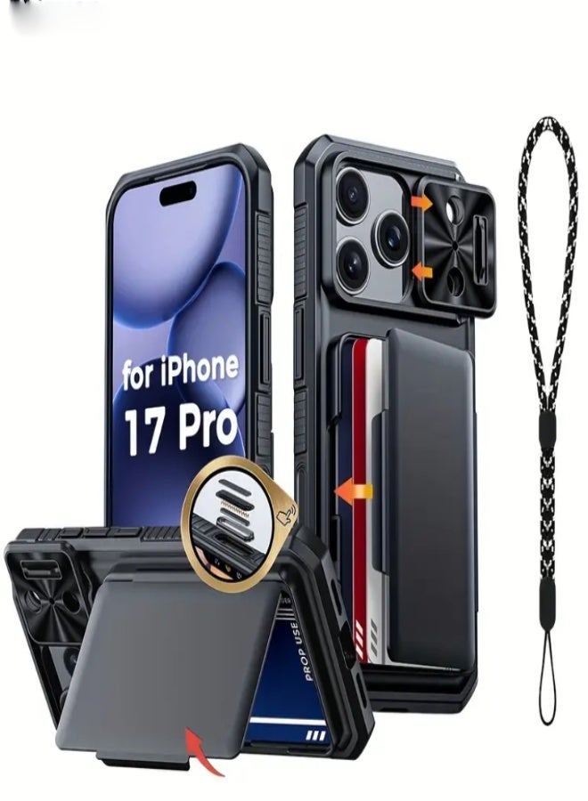 AROAQ Case for iPhone 17 Pro – Wallet Cover with Lanyard, Built-in Card Holder (4-5 Cards), Slide Lens Camera Cover & Capture Button, Retro Durable Protective Case - Black - Image 1