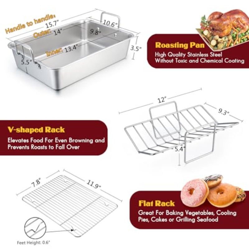 Roasting Pan, 14 Inch Stainless steel Turkey Roaster with Rack, Include Deep Lasagna Pan and V-shaped Rack and Roasting Rack, Non-Toxic and Heavy Duty, Easy Clean and Dishwasher Safe - Rectangular - Image 2