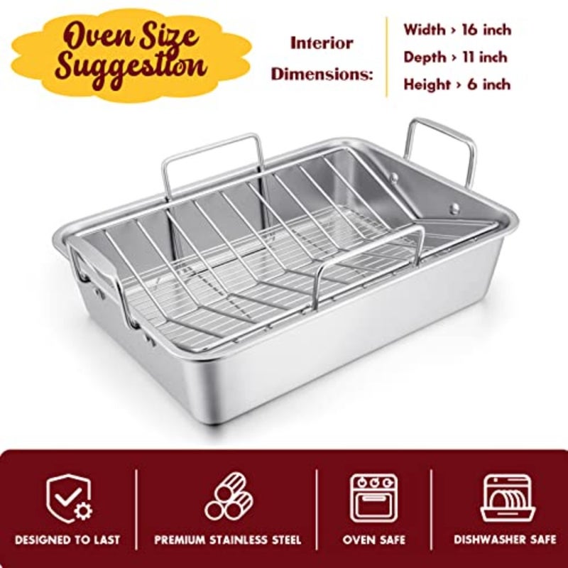 Roasting Pan, 14 Inch Stainless steel Turkey Roaster with Rack, Include Deep Lasagna Pan and V-shaped Rack and Roasting Rack, Non-Toxic and Heavy Duty, Easy Clean and Dishwasher Safe - Rectangular - Image 3