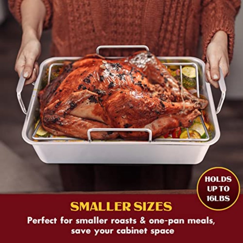 Roasting Pan, 14 Inch Stainless steel Turkey Roaster with Rack, Include Deep Lasagna Pan and V-shaped Rack and Roasting Rack, Non-Toxic and Heavy Duty, Easy Clean and Dishwasher Safe - Rectangular - Image 5