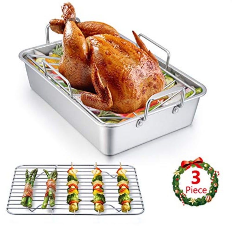Roasting Pan, 14 Inch Stainless steel Turkey Roaster with Rack, Include Deep Lasagna Pan and V-shaped Rack and Roasting Rack, Non-Toxic and Heavy Duty, Easy Clean and Dishwasher Safe - Rectangular - Image 1