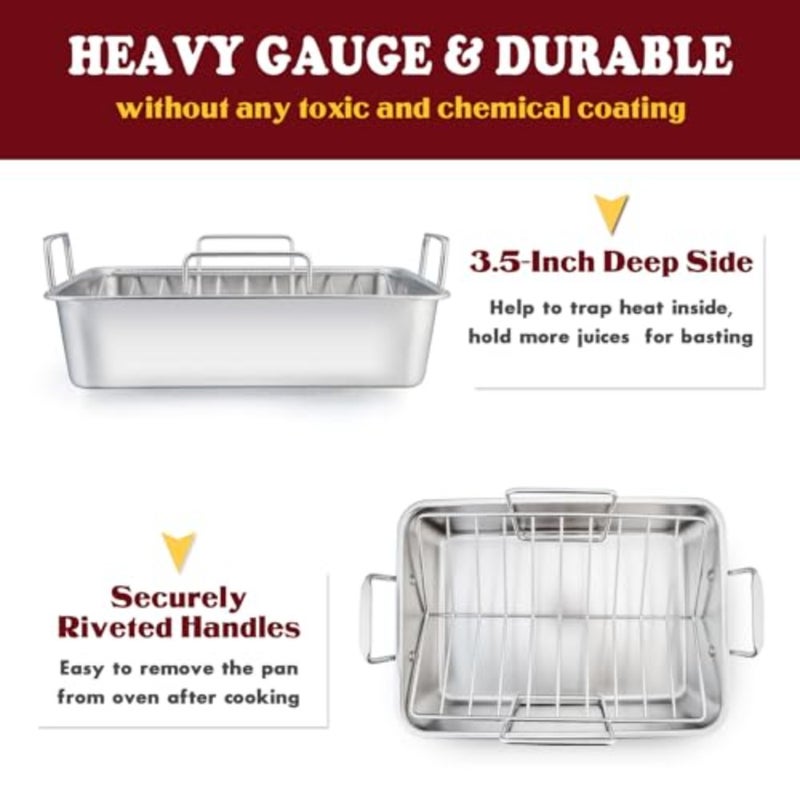 Roasting Pan, 14 Inch Stainless steel Turkey Roaster with Rack, Include Deep Lasagna Pan and V-shaped Rack and Roasting Rack, Non-Toxic and Heavy Duty, Easy Clean and Dishwasher Safe - Rectangular - Image 4
