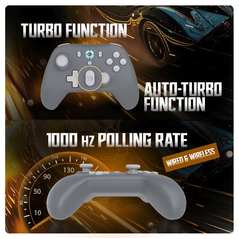 Cosmic Byte وحدة تحكم بلتس اللاسلكية + السلكية للكمبيوتر، عصا التحكم وتأثير هول، معدل استقصاء 1000Hz، اهتزاز قابل للتعديل، توربو وتوربو تلقائي (رمادي) - Image 3