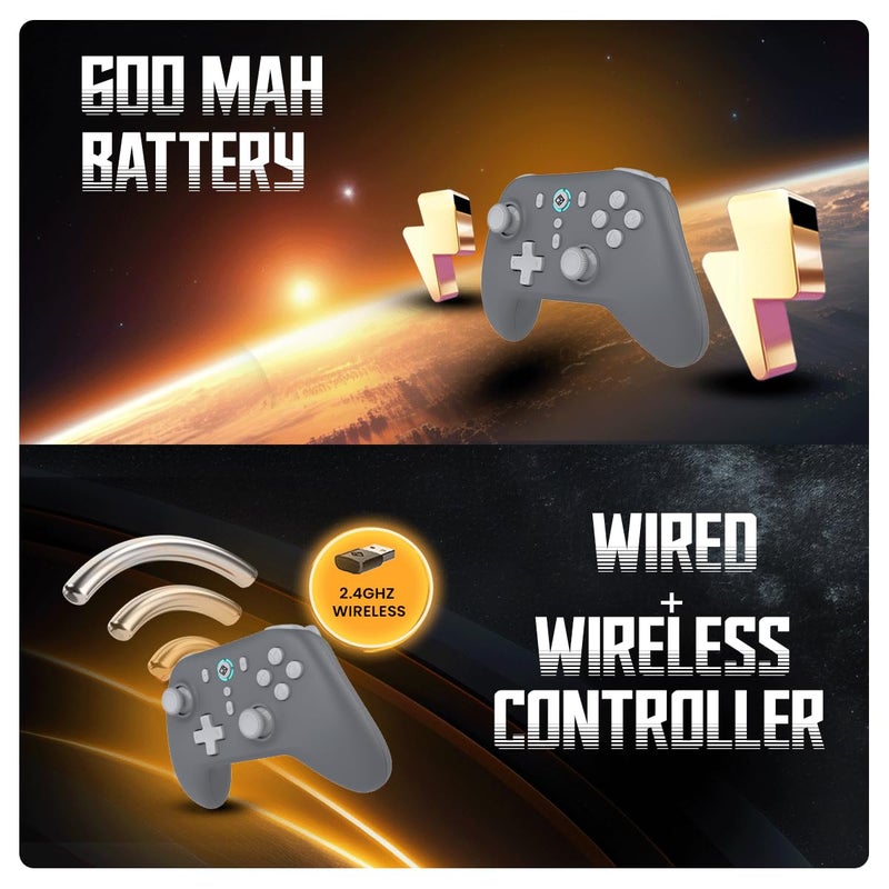 Cosmic Byte وحدة تحكم بلتس اللاسلكية + السلكية للكمبيوتر، عصا التحكم وتأثير هول، معدل استقصاء 1000Hz، اهتزاز قابل للتعديل، توربو وتوربو تلقائي (رمادي) - Image 2